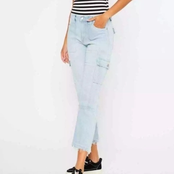 KanCan Denim - KanCan Light Wash Felicity High Rise Crop Cargo Straight Jeans 0 Frayed Hems